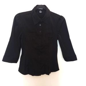 Cotton Express Women's Black Tailored Button Up Blouse with 3/4 Sleeves Small